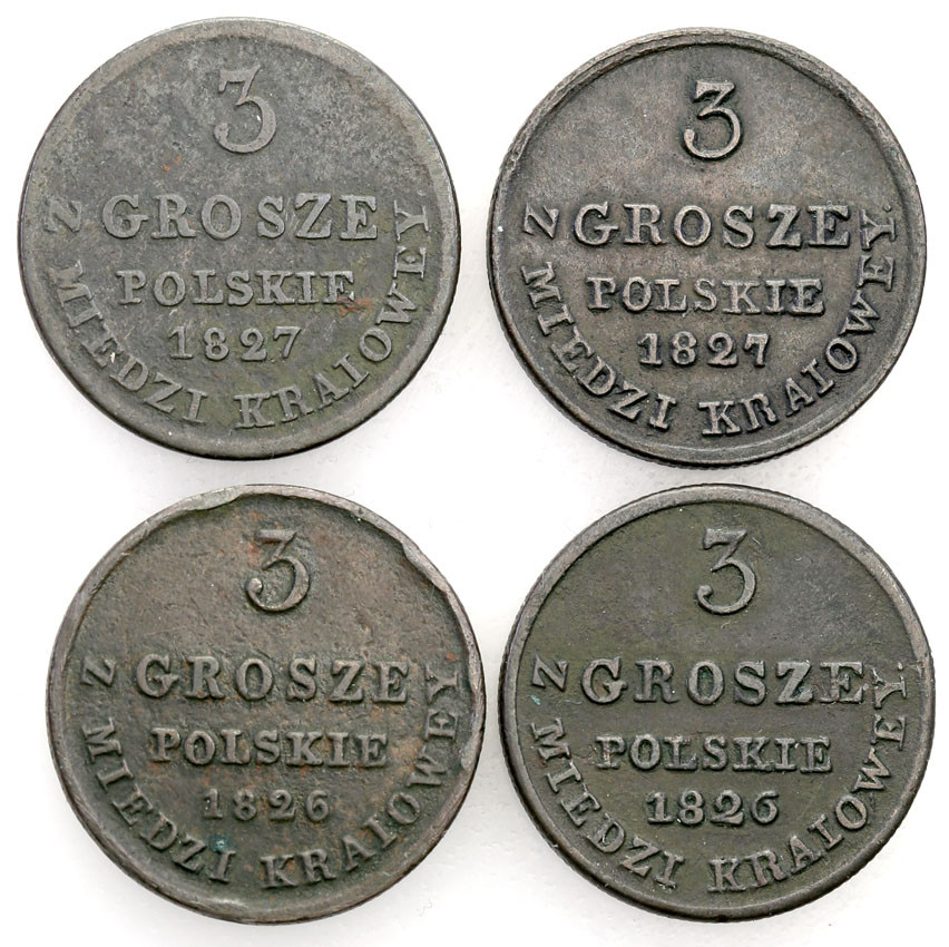 Polska XlX w. / Rosja. 3 Grosze Polskie z MIEDZI KRAIOWEY (Trojak) 1826-1827, Warszawa – zestaw 4 szt.